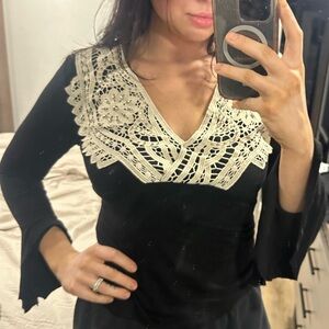 VENUS Black Top with White Lace Detail